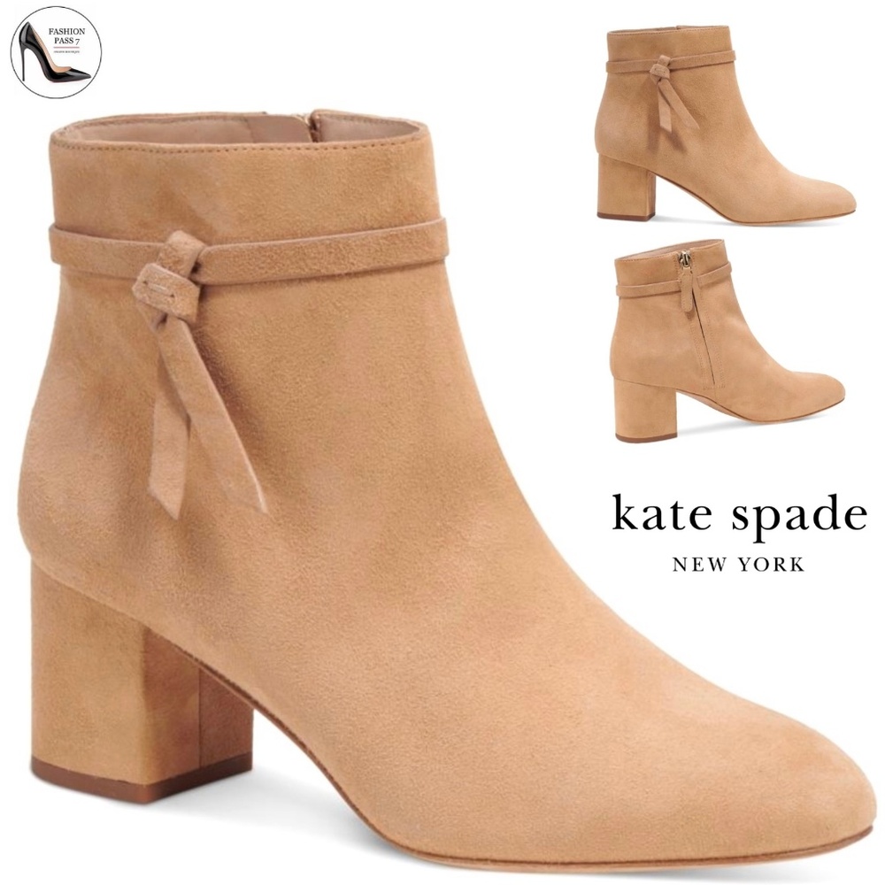 KATE SPADE Knott Mid Dress Booties Tan Suede Block Heel Almond Toe Ankle Boots
